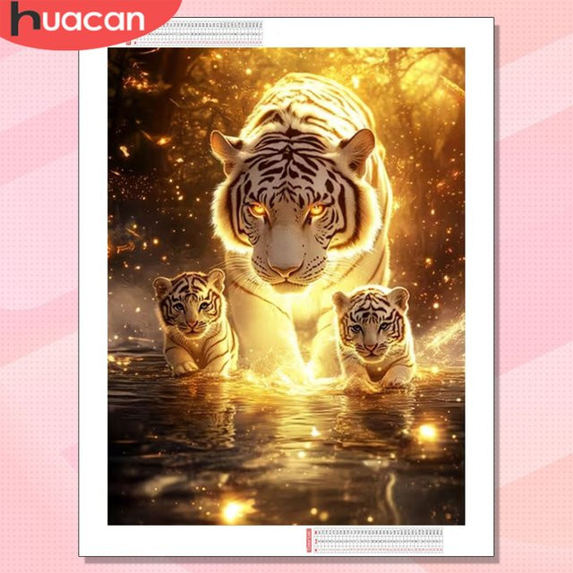 HUACAN Diamant-Mosaik Set Tiger Motiv in Multicolour, Rundes Kunstwerk als DIY-Kit für dein Zuhause, B/H: 20 x 30 cm - Bild 1
