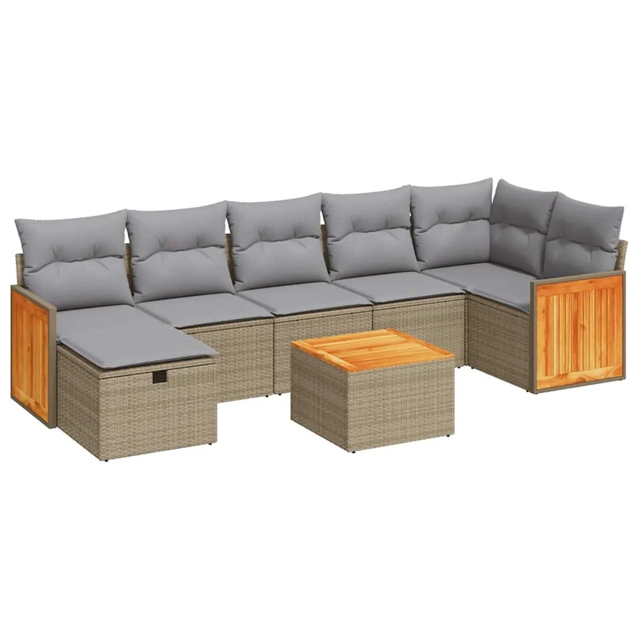 vidaXL 8-tlg. Garten-Sofagarnitur in L-Form mit Kissen und Couchtisch, Beige, Poly-Rattan und Akazienholz - Bild 2