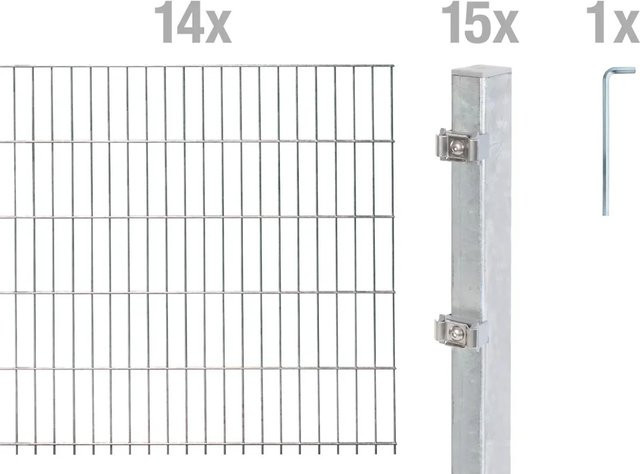 Metallzaun Grund-Set Doppelstabmatte aus Stahl, feuerverzinkt, Farbe: Silber, Erdverlegung, B/H: 2 m x 1,4 m - Bild 1