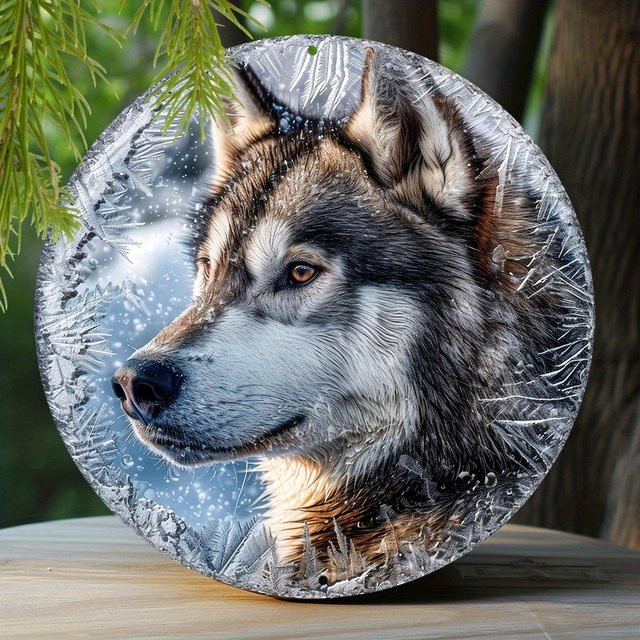 Rundes Aluminium-Wandschild Potdemiel mit Alaskan Malamute Motiv und Schneeflocken-Design, rustikale Dekoration in Multicolour, Durchmesser: 20,32 cm - Bild 1
