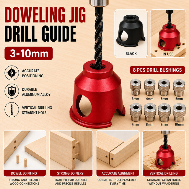 Bohrführung aus Aluminiumlegierung für Holzverbindungen, Dübellehre und vertikaler Bohrpositionierer, Farbe: Rot, Durchmesser: 3-10 mm - Bild 1