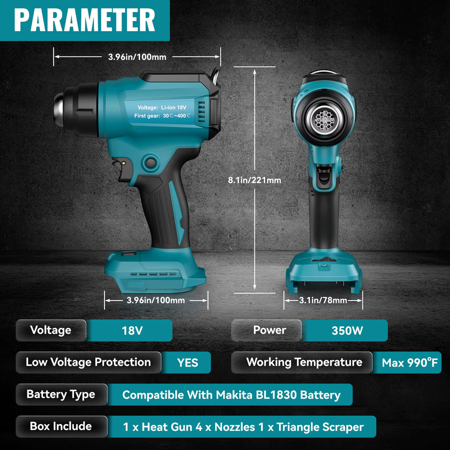 Synxiter Kabellose Heißluftpistole für 18V Akkus von Makita, DEWALT, Ryobi, Milwaukee und Bosch, Akku-Heißluftgebläse für Industrie und Heimwerker - Bild 3