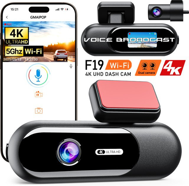 GMAIPOP Dual Lens Dash Cam mit 4K UHD Auflösung und WiFi, Auto DVR mit 1080P Rückfahrkamera und 24H Parkplatzüberwachung, Schwarz - Bild 1
