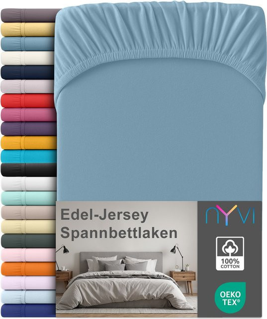 NYVI Edel Jersey Spannbettlaken Deluxe aus 100% supergekämmter Baumwolle, Farbe: Stahlblau, B/T: 140-160 x 200 cm, Steghöhe: 25 cm - Bild 1