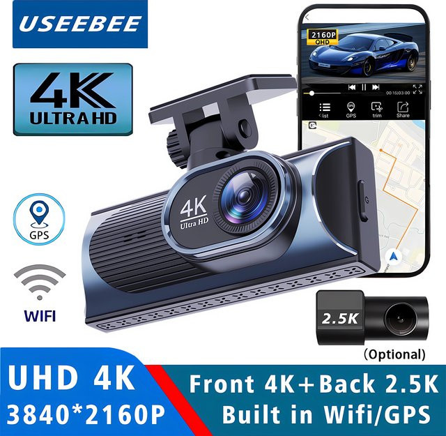 USEEBEE Dashcam mit Doppellinse 4K UHD und 2.5K Aufnahme, GPS und WLAN, Rückfahrkamera mit Nachtsicht, Black Box in Schwarz - Bild 1