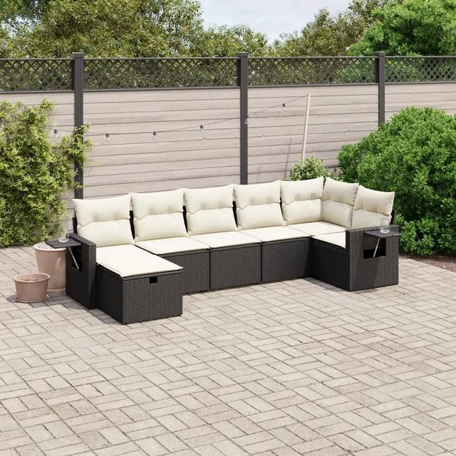 vidaXL 7-tlg Garten-Sofagarnitur in L-Form aus Poly Rattan und Metall mit Kissen in Schwarz - Bild 1