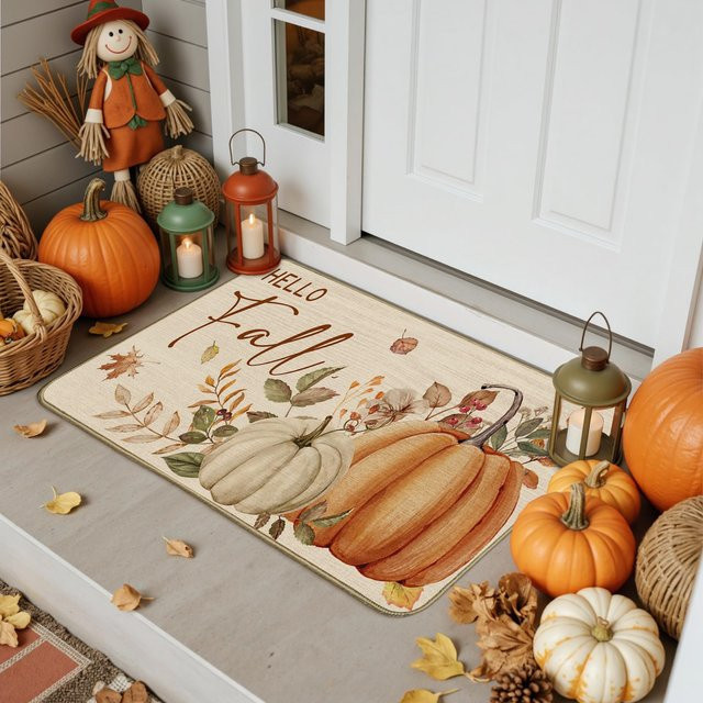 VIKAMA Herbst-Kürbis Fußmatte mit Blumenmuster und Ahornblättern, rutschfest und waschbar, Mehrfarbig, B/T: 60 x 40 cm - Bild 1