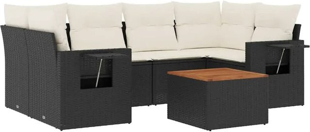 vidaXL 7-teilige Garten-Sofagarnitur in L-Form aus Poly-Rattan und Akazienholz mit Kissen in Schwarz und Cremeweiß - Bild 1