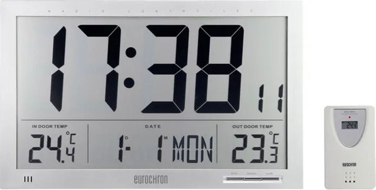 Eurochron EFWU Jumbo 102 Funk Wanduhr mit Thermometer und Datumsanzeige, Silber, B/H/T: 37 x 23 x 3 cm - Bild 1