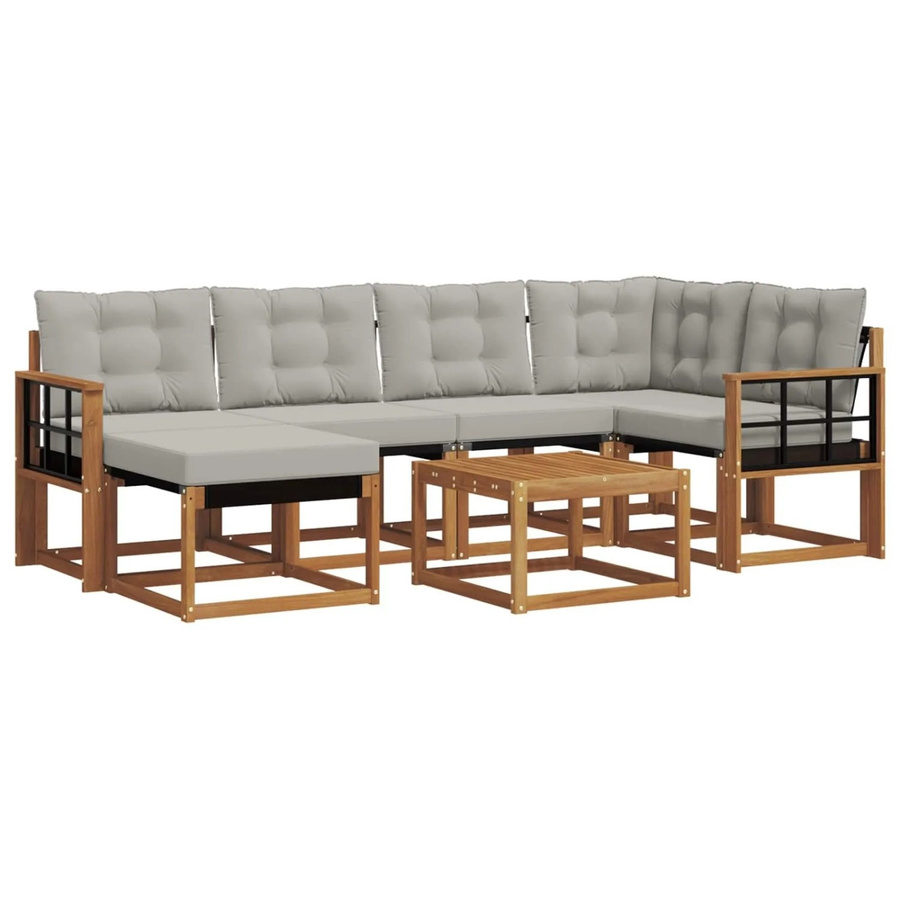 vidaXL Outdoor-Sofagarnitur 7-teilig aus Akazienholz und Textilene in Natur und Hellgrau mit Kissen und Armlehnen - Bild 2
