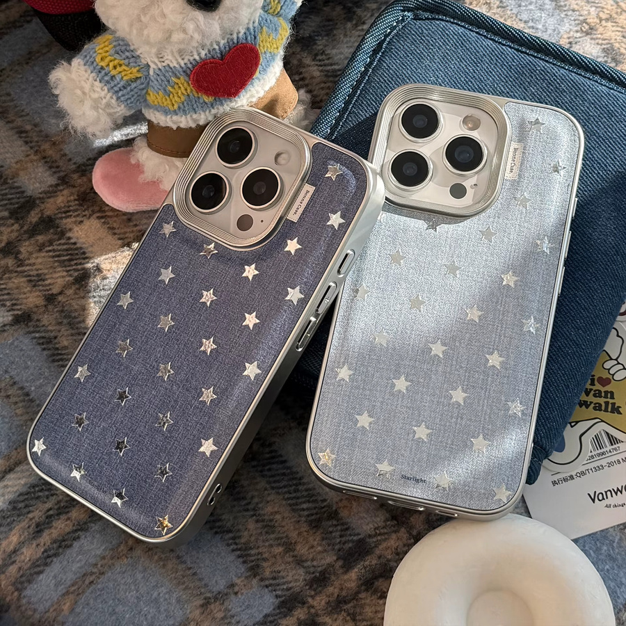 Stoßfeste Leder Handyhülle mit vergoldeten Sternen und silbernem Rand für dein iPhone 12 bis iPhone 17 Pro Max Plus in Gold, Silber oder Blau - Bild 2