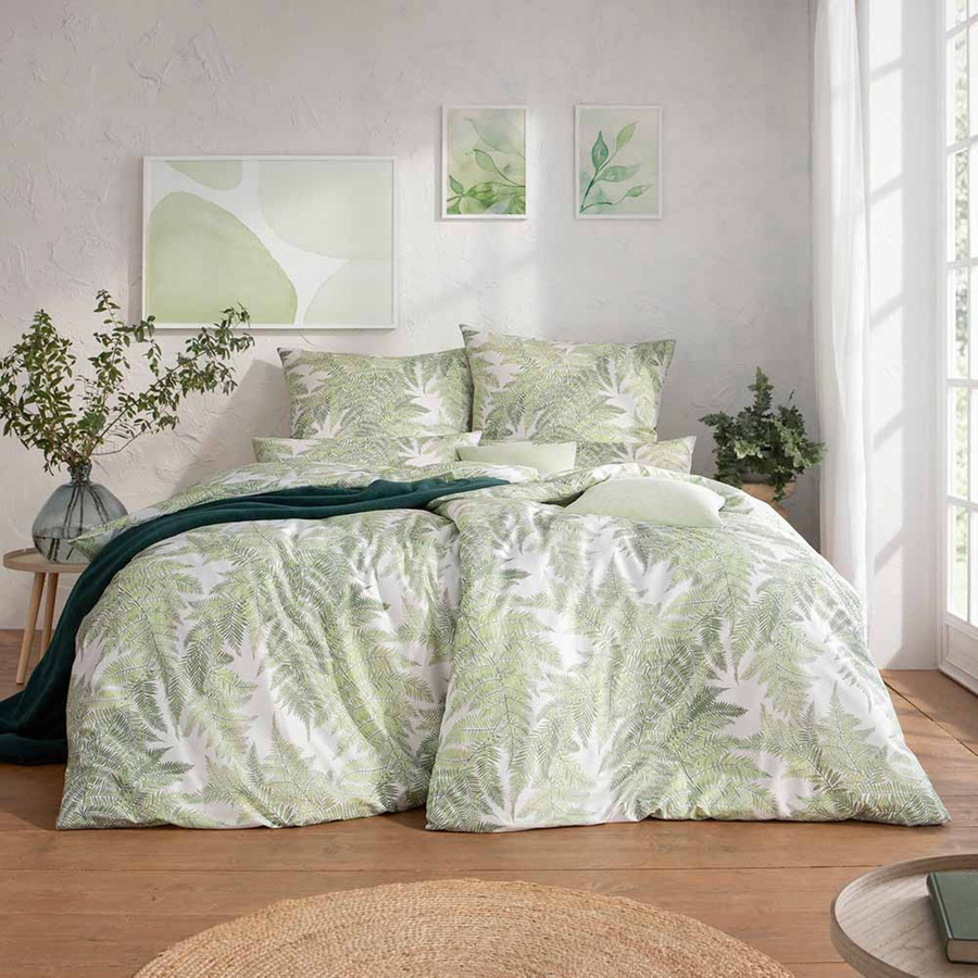 Estella Mako-Satin Bettwäsche Belara mit Farn-Blättern in Grün und Weiß, Bettbezug B: 155 cm, H: 220 cm und Kissenbezug B: 40 cm, H: 80 cm - Bild 1