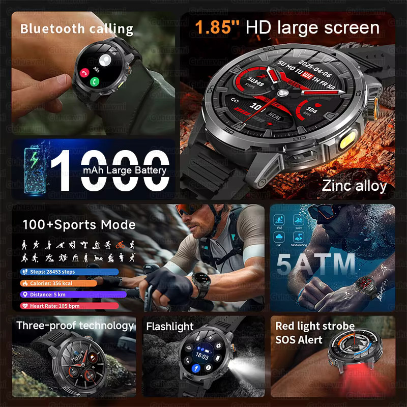 GUHUAVMI Smartwatch für Männer mit 1,85 Zoll HD AMOLED Display, Wasserdicht und mit Taschenlampe sowie 24H Gesundheitsüberwachung in Schwarz und Silber - Bild 2