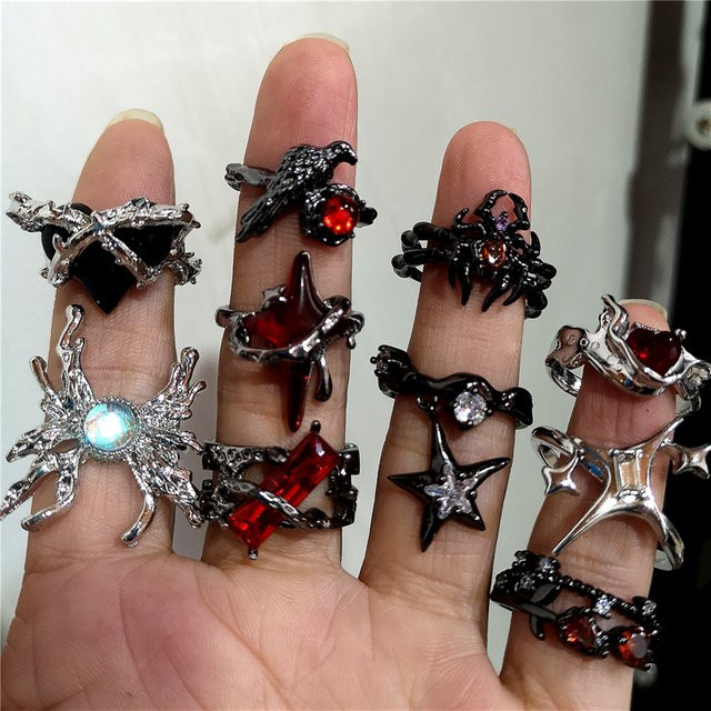 imixlot Ringe, Dunkelrot, Kreuz, Stern, Crow, Herz, Silber, Damen, Kristall - Bild 1