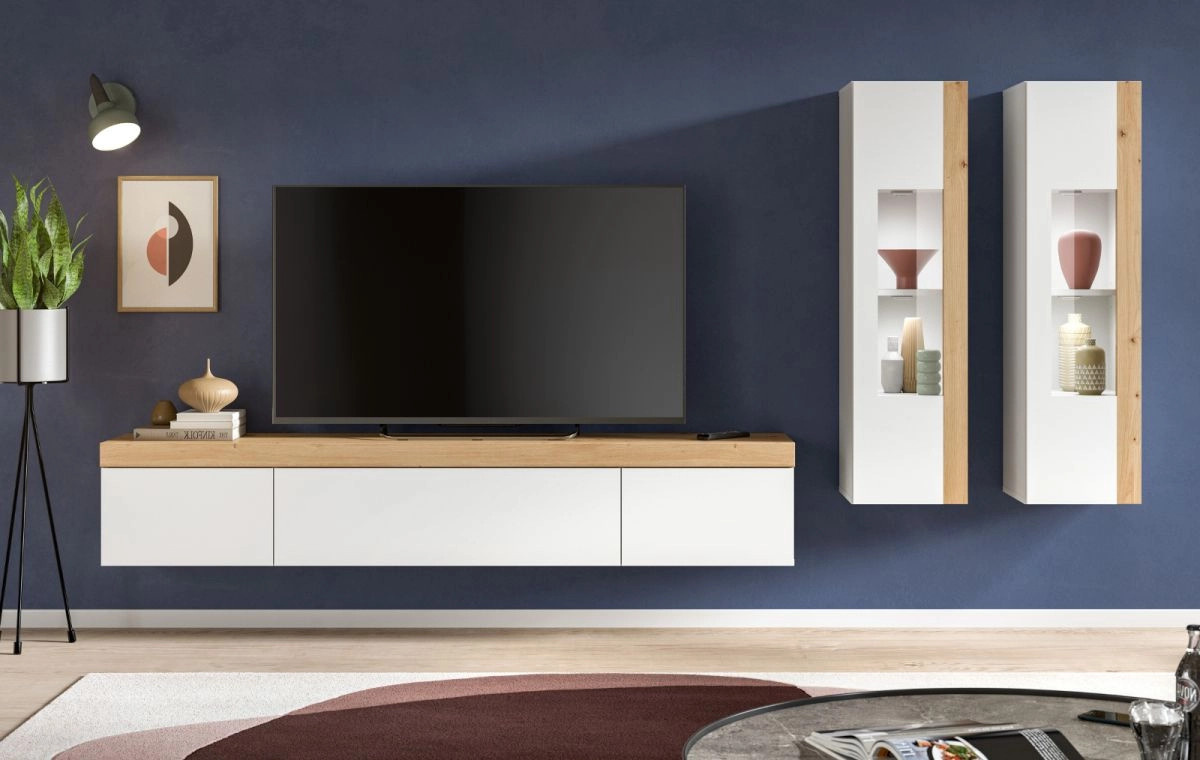 Inn.Furn Wohnwand 3-teilig Siena in Weiß und Eiche mit Displayvitrine und Lowboard, Breite: 270 cm - Bild 2