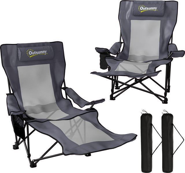 2er Set Outsunny Campingstühle faltbar in Grau mit verstellbarer Rückenlehne, Fußablage, Kopfstütze und Getränkehalter, Liegestühle für Erwachsene bis 120 kg - Bild 1