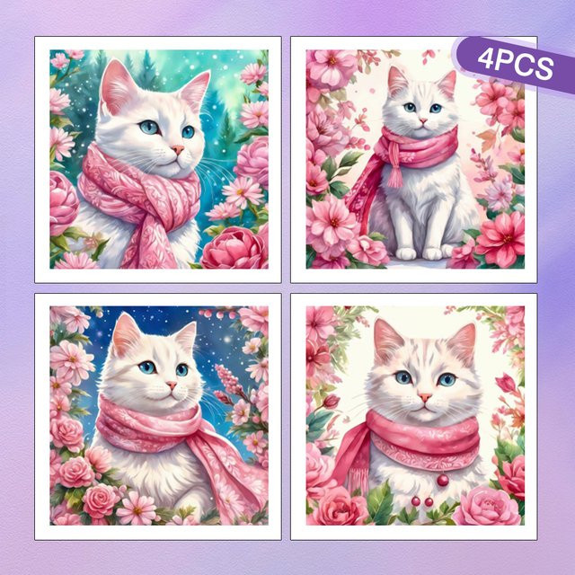 HUACAN Diamantmalerei-Set mit Katzen und Rosenblumen, 4er-Set mit runden Steinen in Multicolour zur Wanddekoration - Bild 1