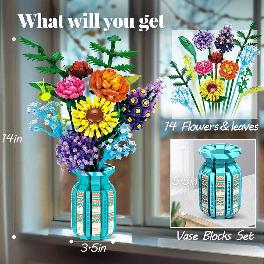 AMAZINGBLOKS Blumenstrauß-Baustein-Set mit Vase, Sonnenblumen-Rosen-Modell, ab 14 Jahren - Bild 5