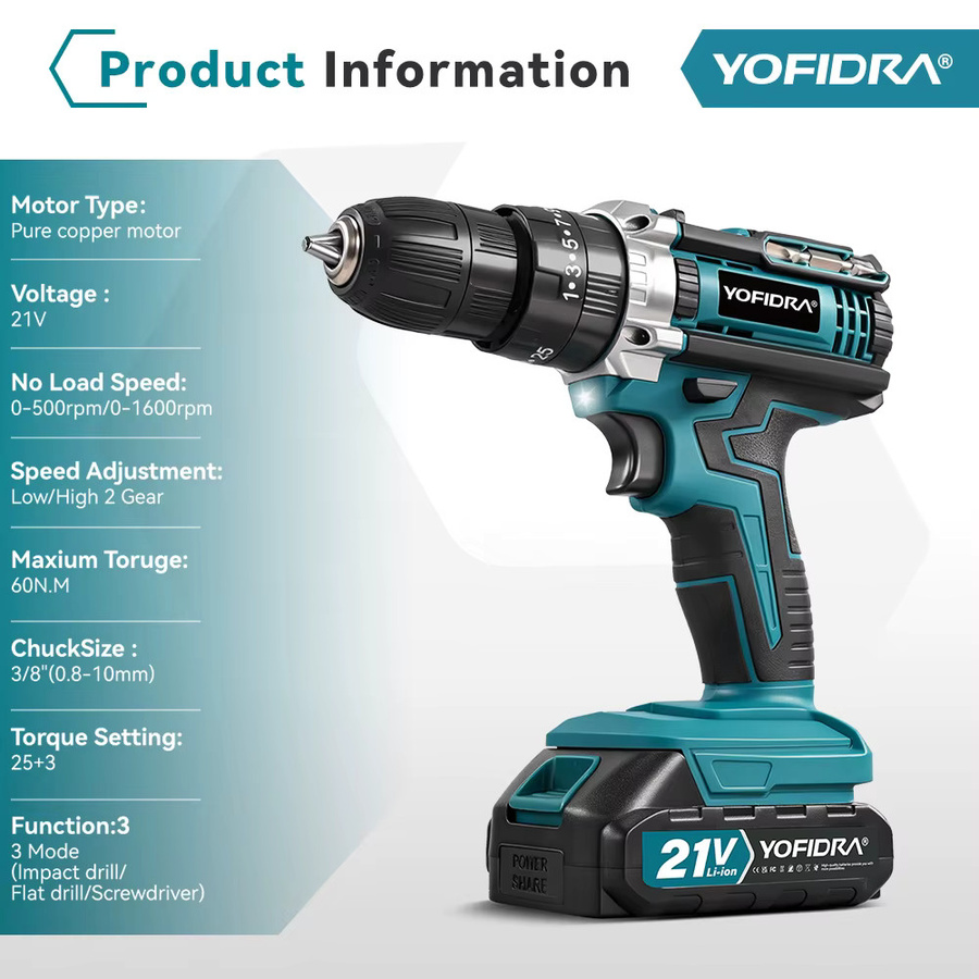 YOFIDRA Kabelloser Elektrischer Schlagbohrer mit 25+3 Drehmomentstufen und 21V Akku kompatibel mit Makita LXT - Bild 6