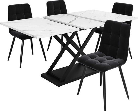 Merax Essgruppe 5-teilig in Weiß Marmor und Schwarz mit Samtstühlen, B/T/H: 160 x 80 x 75 cm