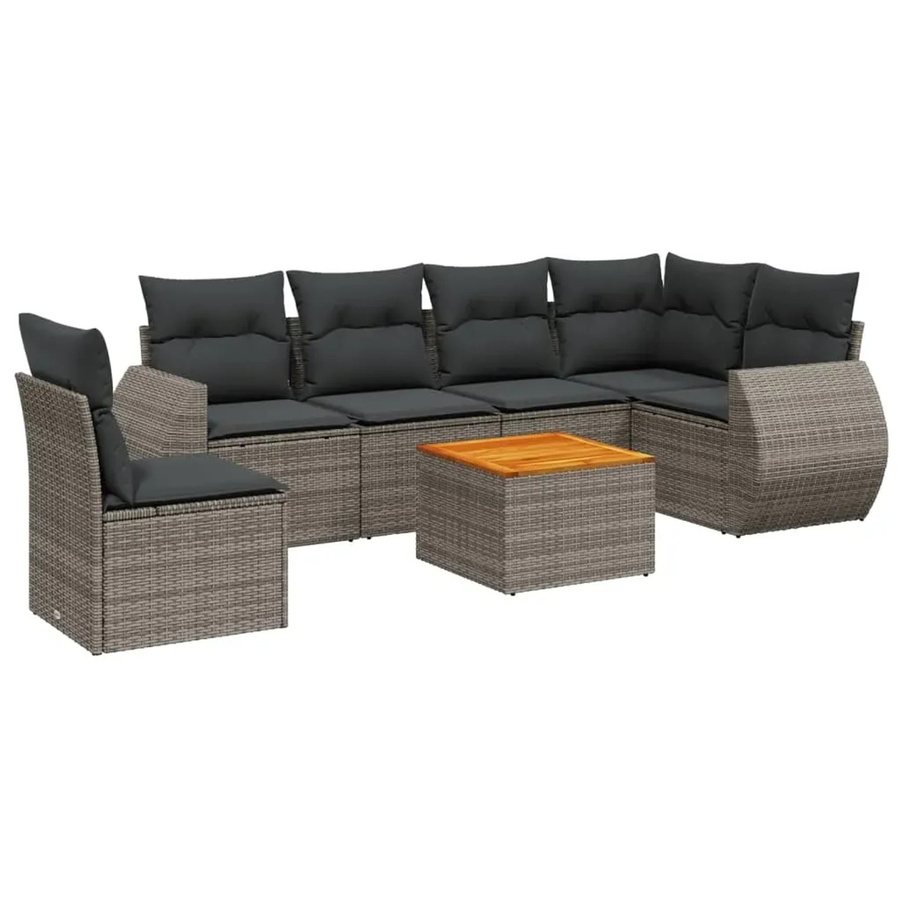 vidaXL 7-teilige Garten-Sofagarnitur aus Poly-Rattan und Akazienholz in Grau mit Kissen - Bild 2
