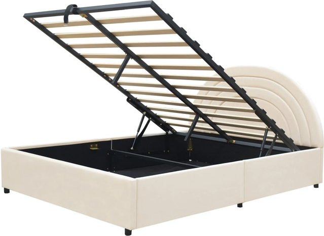 okwish Polsterbett aus Samt mit Bettkasten und Matratze, Farbe: Beige, B/T/H: 140 x 200 x 77 cm - Bild 1