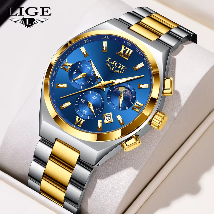 LIGE Armbanduhr Quarz, Edelstahl, Blau, Herren, Mondphase, Datum - Bild 6