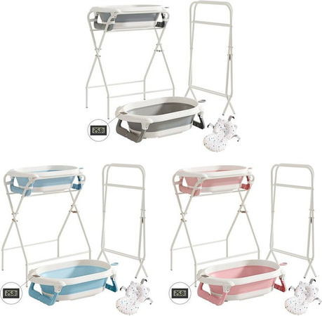 Faltbare 3-in-1 Babybadewanne mit Ständer, Thermometer und Badekissen in Pink für Neugeborene und Kleinkinder