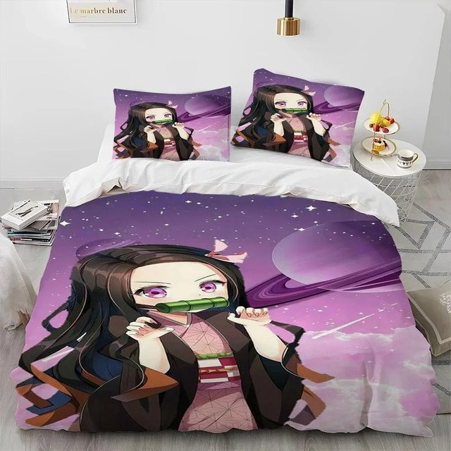 3-teiliges Demon Slayer Anime Bettwäsche-Set aus atmungsaktiver Mikrofaser, Farbe: Lila, Queen-Größe, B/H: 210 x 210 cm - Bild 1