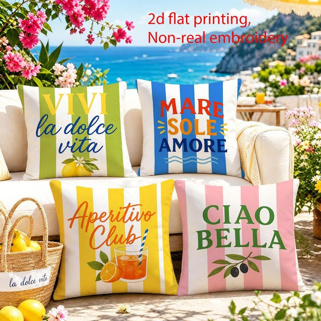 4er-Set Ciao Bella Kissenhüllen mit italienischem Streifenmuster, Dekorative Kissenbezüge für Terrasse und Wohnbereich, B/B: 60 x 60 cm, Mehrfarbig - Bild 1