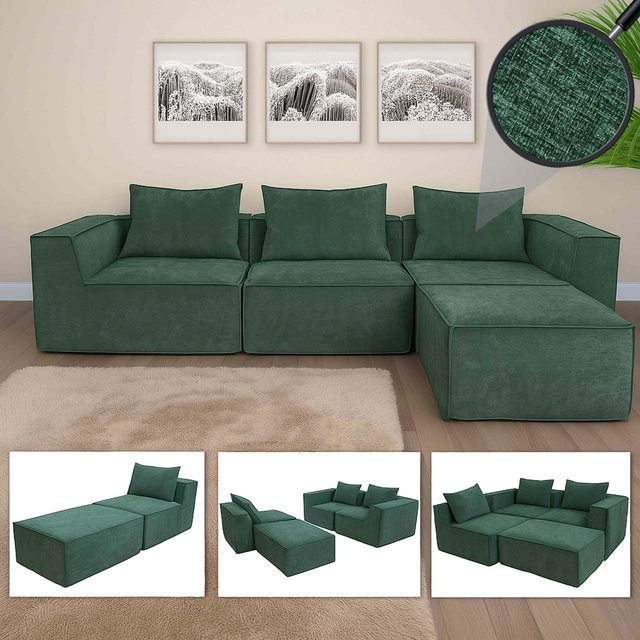 Modulares L-Sofa MCW-O54 in Grün mit Ottomane, erweiterbar und wendbar, Stoff/Textil, B/T/H: 270 x 63 x 190 cm - Bild 3