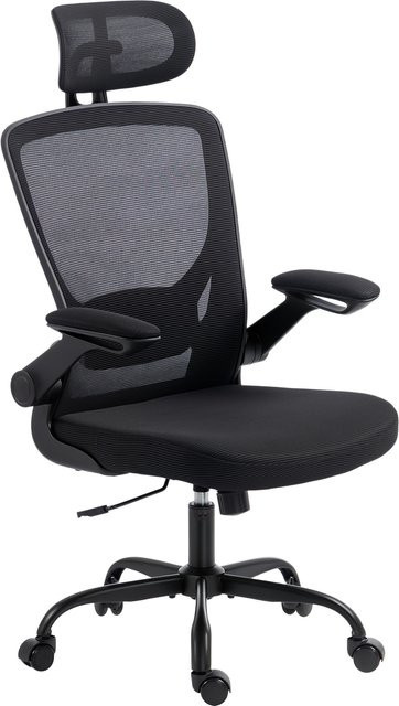 HOMCOM Ergonomischer Bürostuhl in Schwarz mit verstellbarer Kopfstütze, klappbaren Armlehnen und Wippfunktion für dein Home-Office - Bild 1