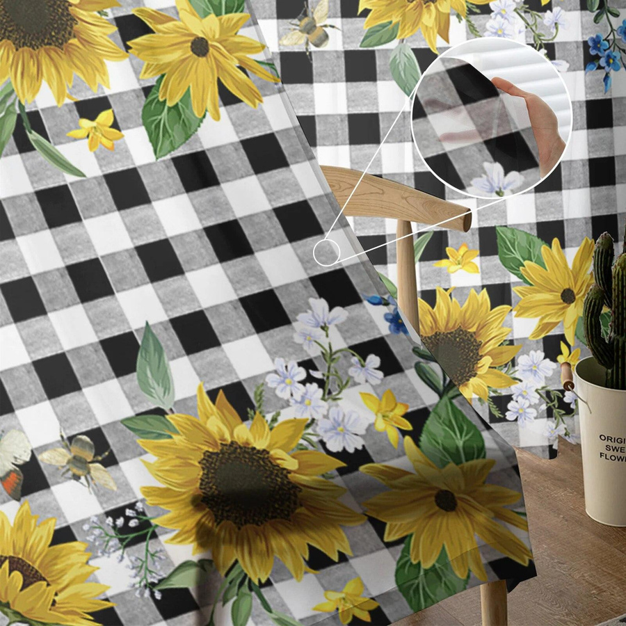 Transparente Chiffon-Vorhänge mit Sonnenblumen- und Karomuster aus Tüll für Wohnzimmer, Schlafzimmer und Küche, B: 135 cm, H: 114 cm - Bild 2