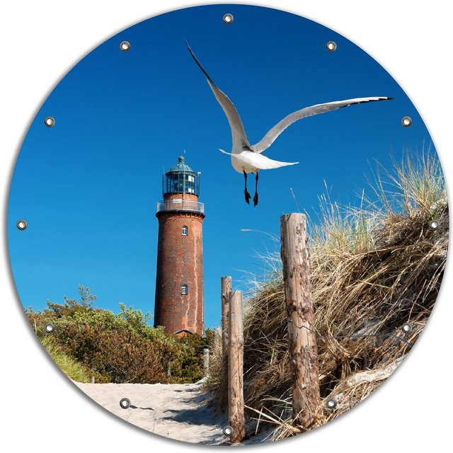 Wallario Gartenposter Möwe am Strand mit Leuchtturm, B/H: 60 x 90 cm - Bild 1