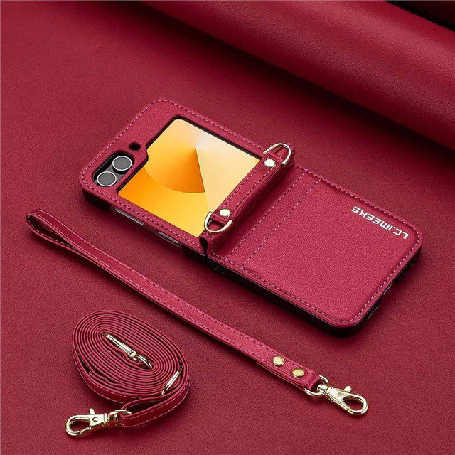 Got Now Leder Crossbody-Riemen Hülle mit Kartenfach für Samsung Z Flip7, Z Flip6 und Z Flip5 in Rot - Bild 1