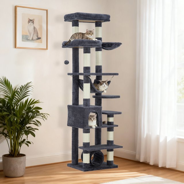 HiMISS Mehrstöckiger Katzenbaum in Grau mit Hängematte und integriertem Spielzeug - Bild 1