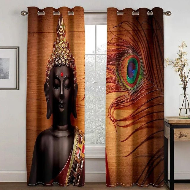 Yiran Furniture Semi-transparente Vorhänge mit Buddha- und Lotus-Motiv in Natur, 2er-Set, B: 60 cm, H: 60 cm - Bild 1