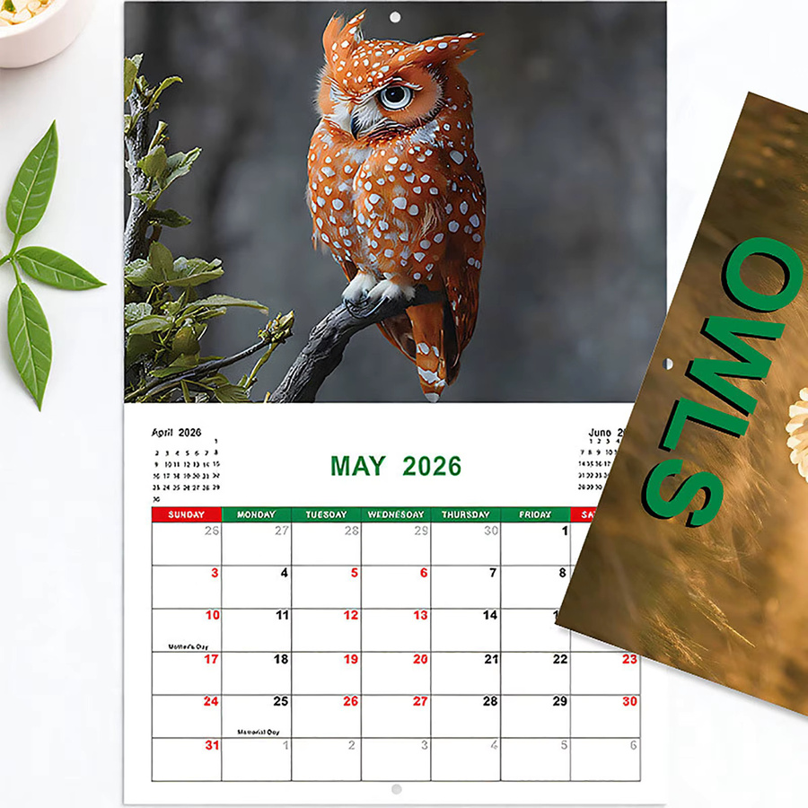 Wandkalender 2026 mit Eulen-Motiv, 12-Monats-Flip-Kalender in Mehrfarbig für deine Planung - Bild 1