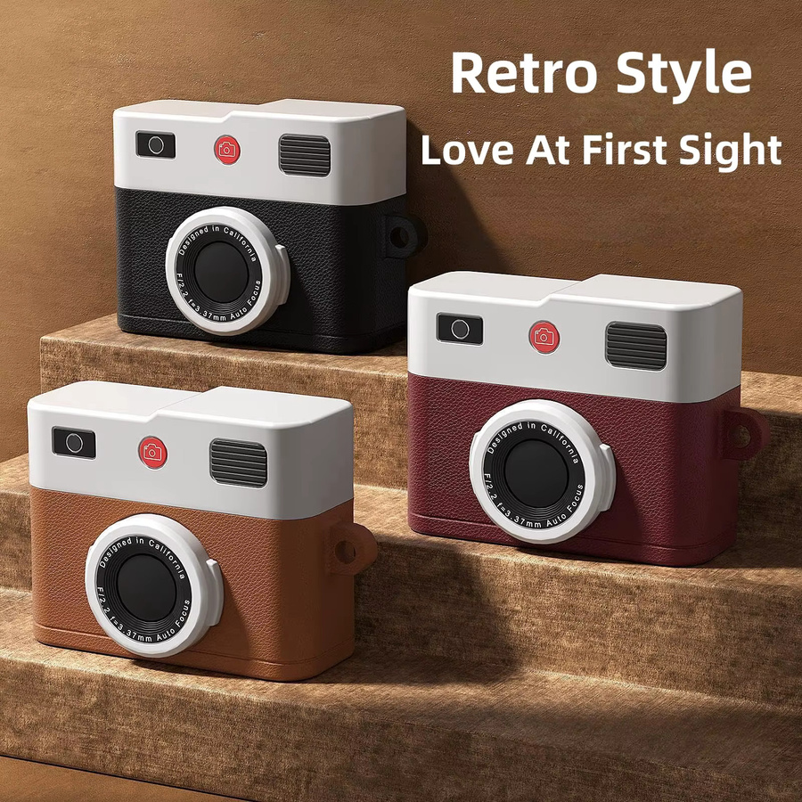 Silikon Schutzhülle im 3D-Retro-Kamera-Design für Apple AirPods Pro 3 inklusive Reinigungswerkzeug und Karabiner in Orange und Braun - Bild 5