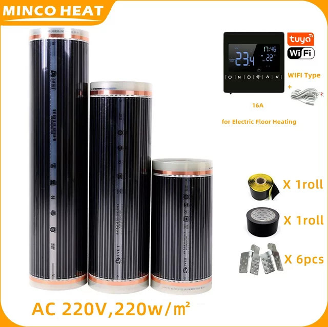 MincoHeat Infrarot-Fußbodenheizungsfolie mit Thermostat und externem Sensor, 5 Quadratmeter, Schwarz - Bild 1