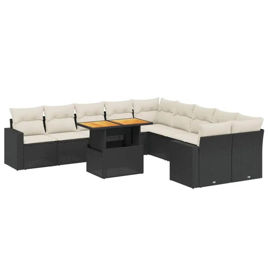 vidaXL 11-tlg. Garten-Sofagarnitur in L-Form aus Polyrattan und Akazienholz mit Kissen in Schwarz-Creme - Bild 2