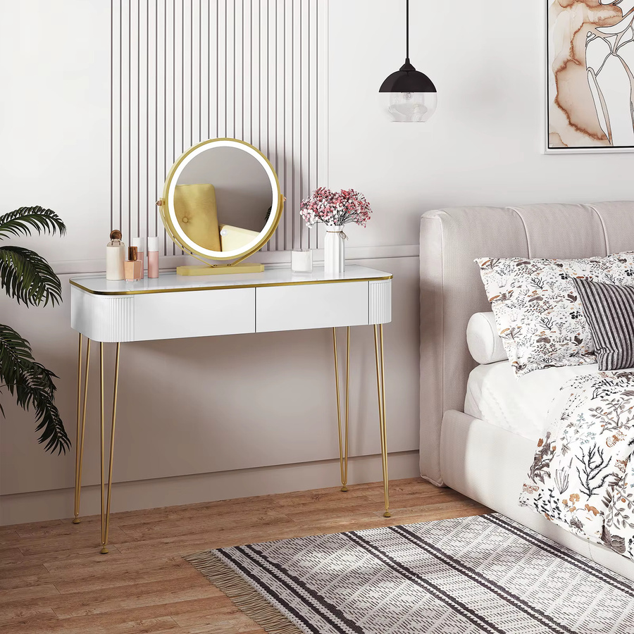 Eugad Schminktisch Weiß mit Gold-Akzenten und LED-Beleuchtung, moderner Kosmetiktisch mit Spiegel und großen Schubladen - Bild 4