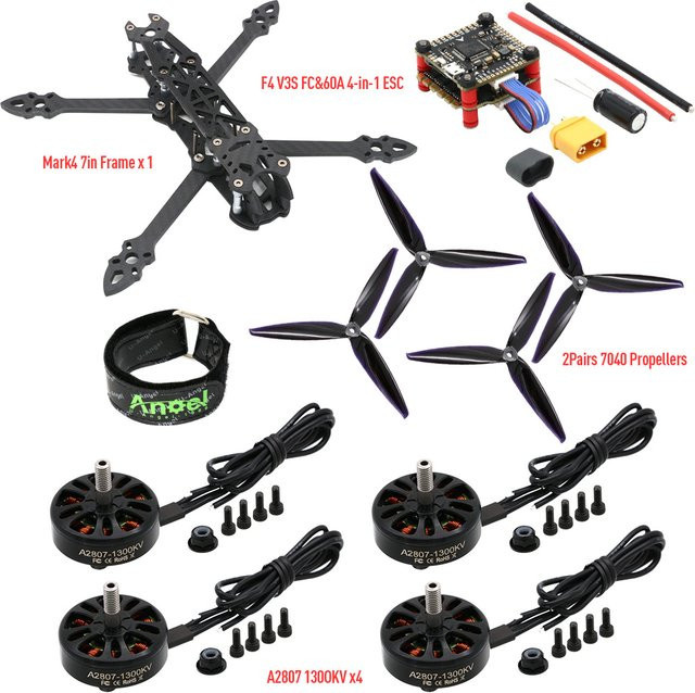 Mark4 7 Zoll FPV Langstrecken-Drohnen Rahmen aus Kohlefaser in Schwarz mit 295mm Radstand und 5mm Armen inklusive A2807 1300kv bürstenlosem Motor und 7 Zoll Propellern von U-Angel-1988 - Bild 1
