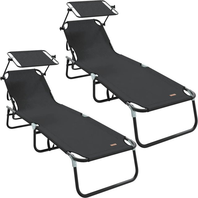 Set aus 2 klappbaren Sonnenliegen von vidaXL in Schwarz mit Sonnenblende und Armlehnen aus 600D Oxford Polyester und Stahl - Bild 1