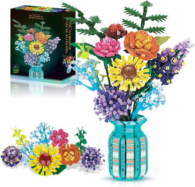 AMAZINGBLOKS Blumenstrauß-Baustein-Set mit Vase, Sonnenblumen-Rosen-Modell, ab 14 Jahren - Bild 1