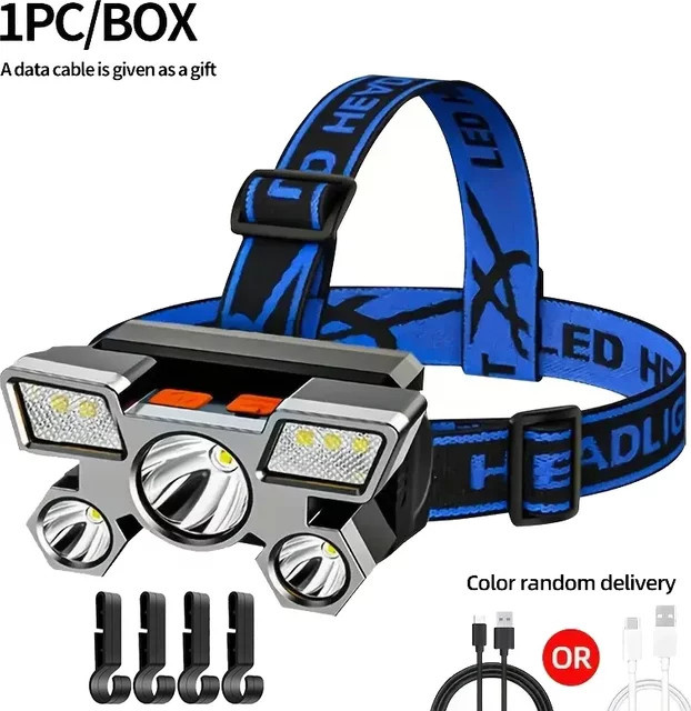 XIWANGFIRE 5LED Hochleistungs-Stirnlampe, superhelle wiederaufladbare LED-Stirnlampe in Schwarz für Camping, Angeln und Bergbau - Bild 1