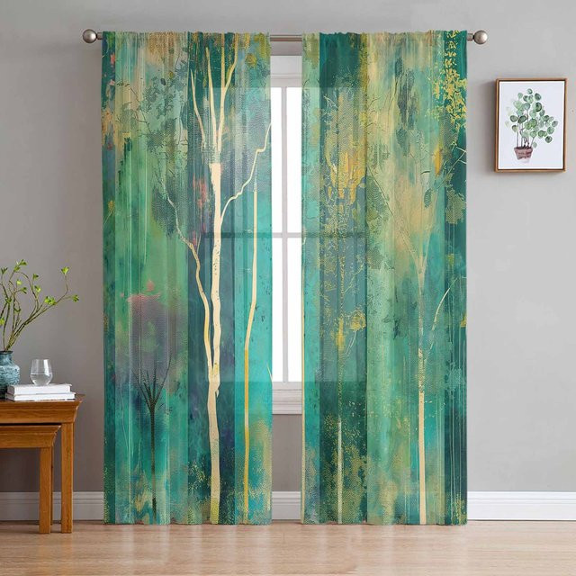 Super Six Transparente Chiffon-Fenstervorhänge mit abstraktem Baum-Motiv im Sonnenuntergang, Mehrfarbig, B: 135 cm, H: 137 cm - Bild 1