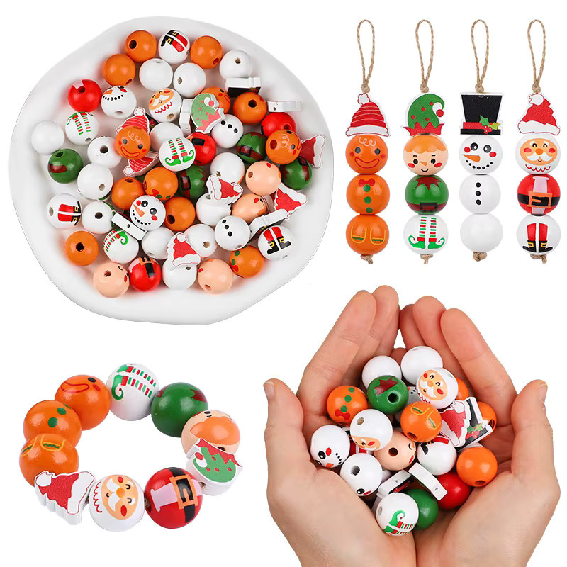 ZQNYCY DIY Weihnachten Holz Perlen Set mit Santa, Schneemann und Elf für Girlanden und Baumanhänger, Mehrfarbig - Bild 3