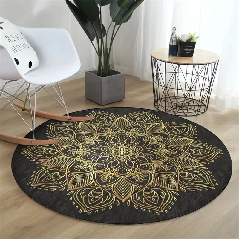 Runder Mandala-Teppich von VIKAMA in Schwarz mit geometrischem Art-Deco-Design und rutschfester Unterseite - Bild 2