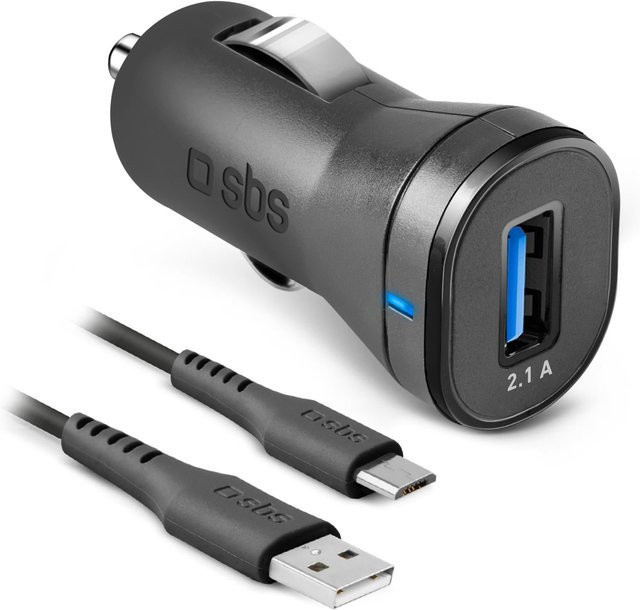 SBS Autoladegerät mit Micro-USB auf USB-A-Kabel, 10 W, 2,1 A, 1 m, Schwarz - Bild 1